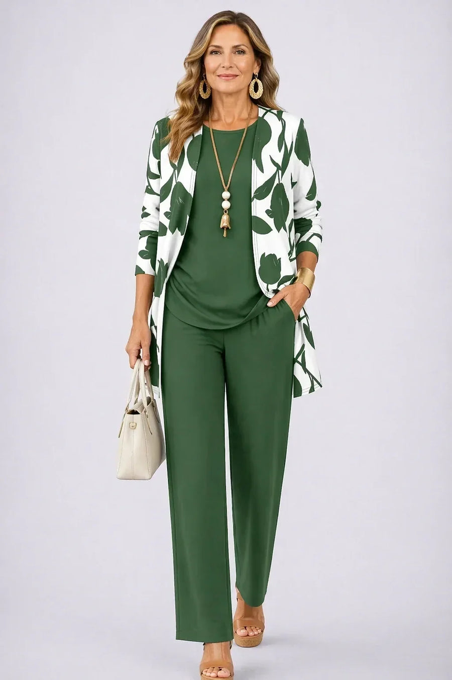 Verdana | Bottle Green Leaf-Print Three-Piece Set