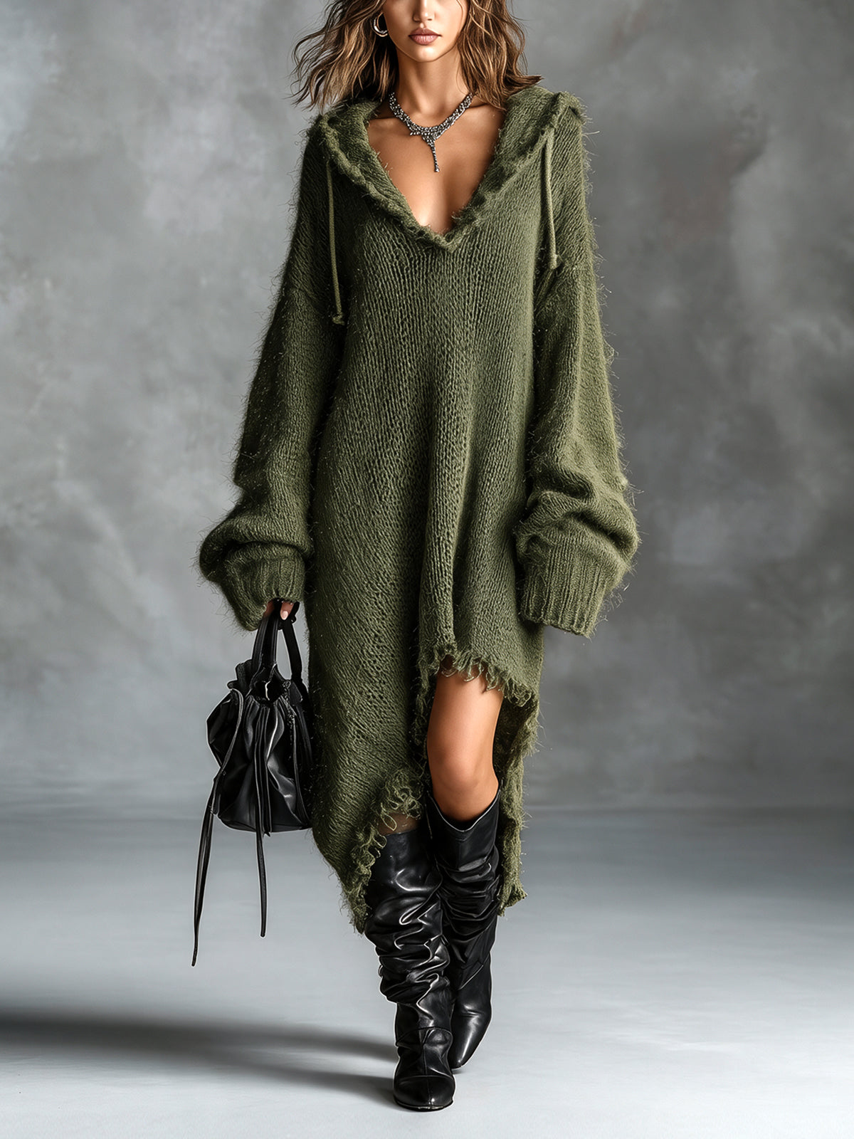 Elena | Fuzzy Knit Hooded Oversized Dress