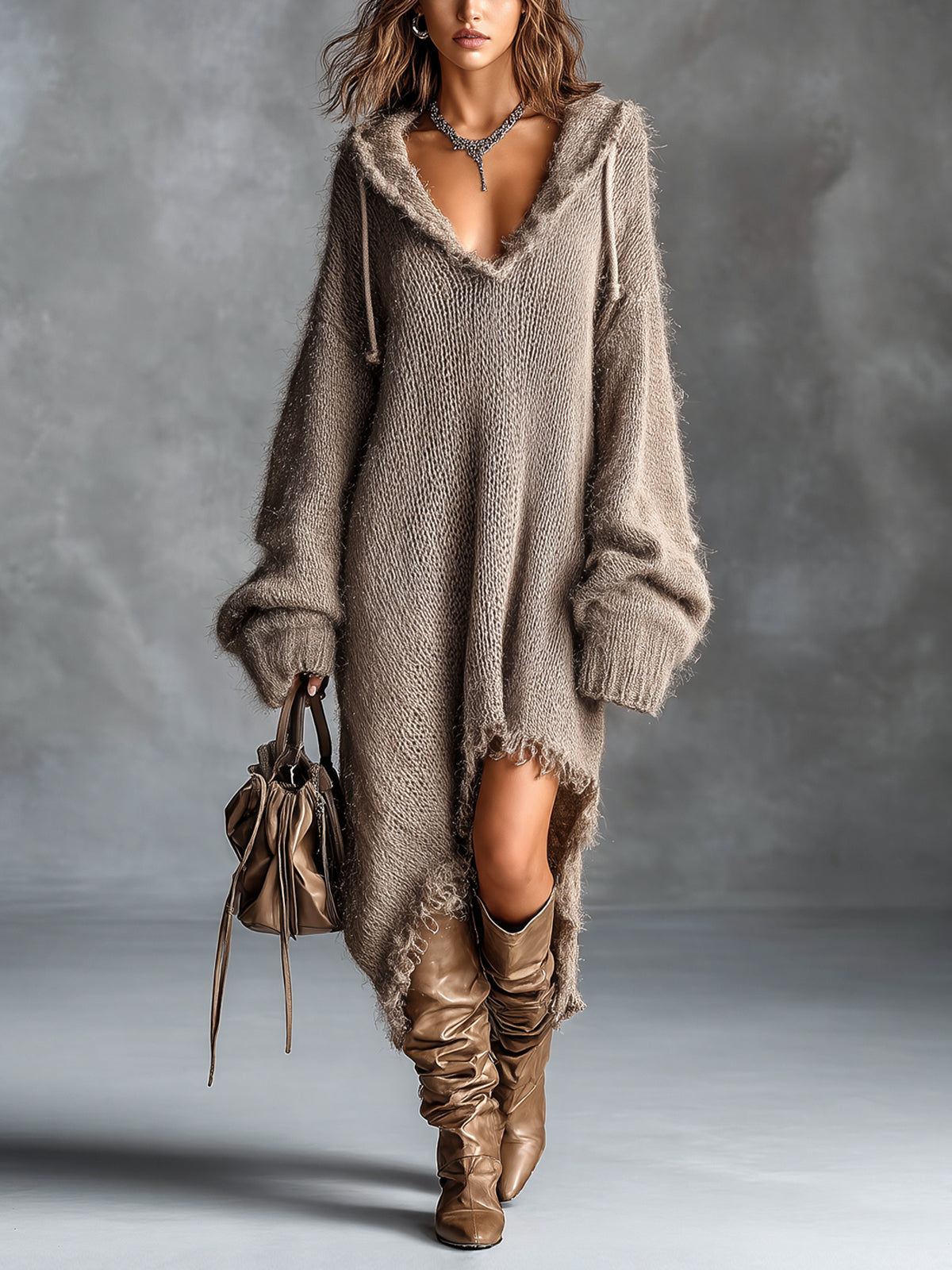 Elena | Fuzzy Knit Hooded Oversized Dress