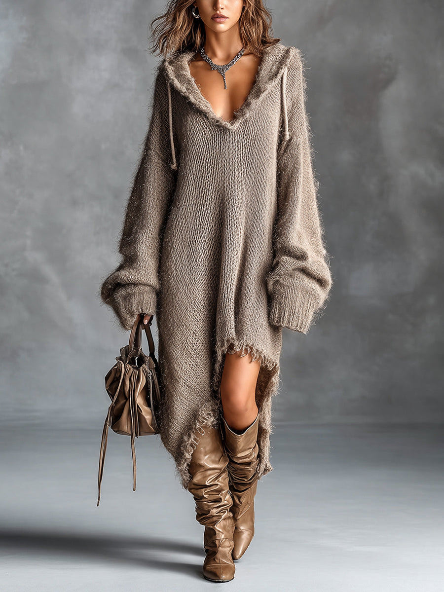 Elena | Fuzzy Knit Hooded Oversized Dress