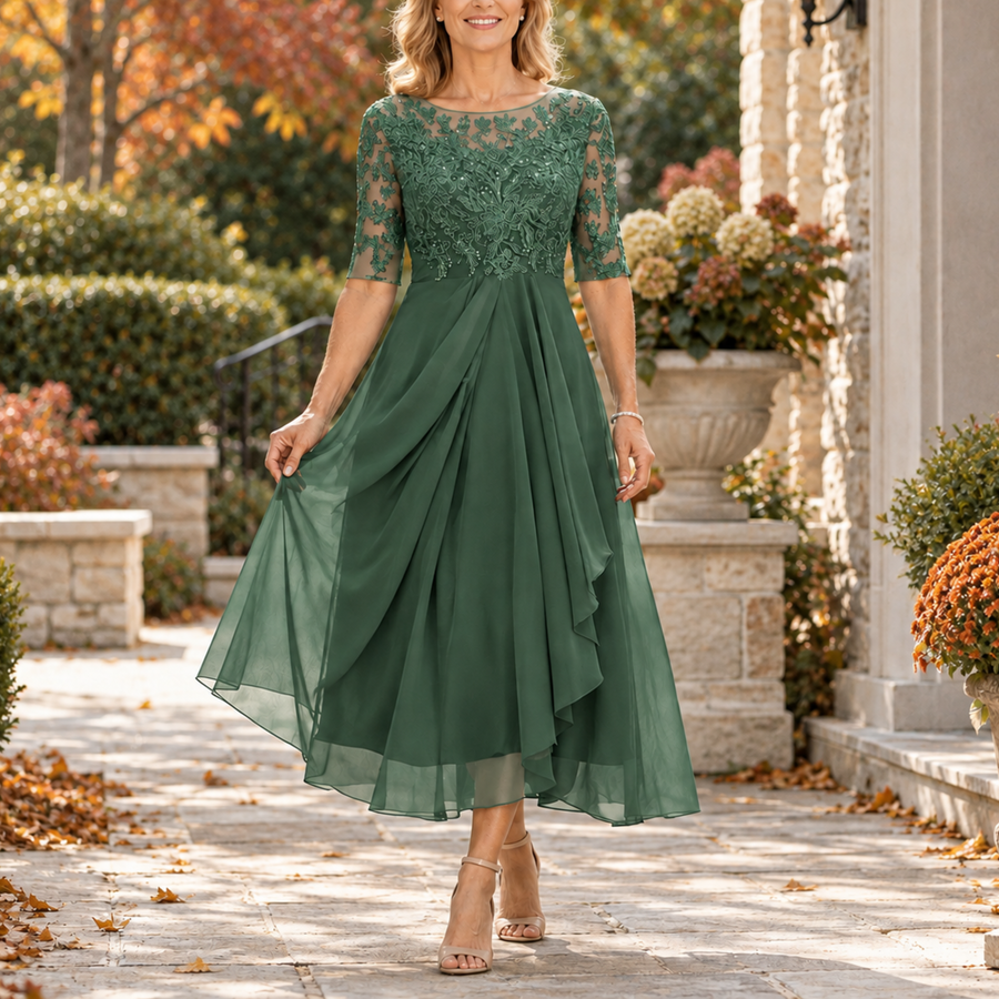 Pia | Lace Bodice Draped Midi Dress