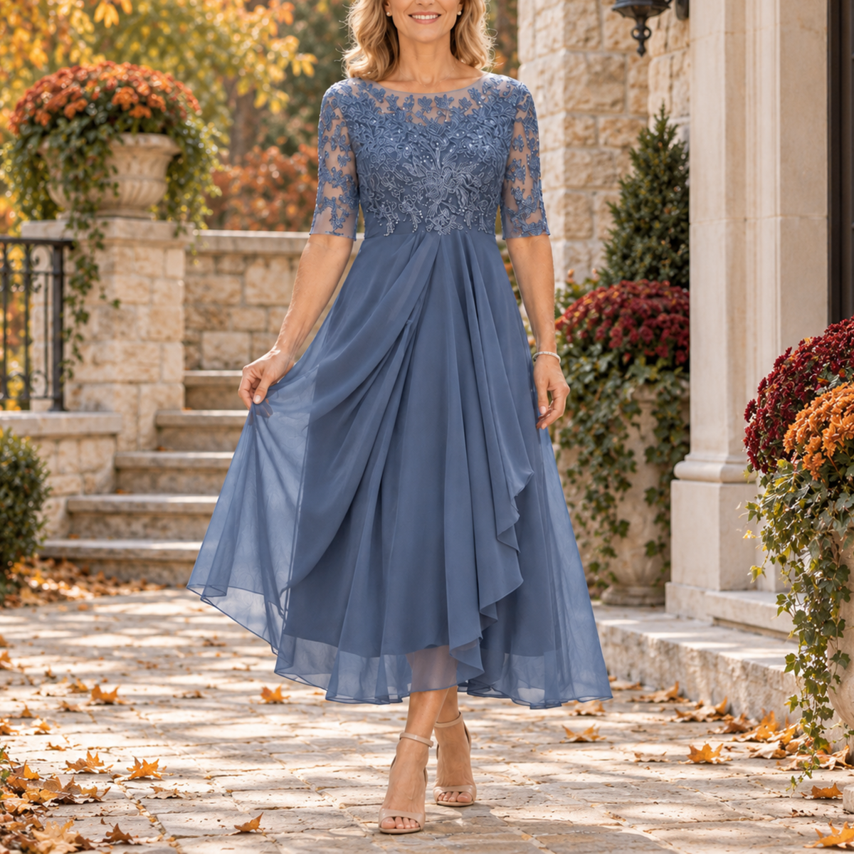 Mariah | Lace Bodice Draped Midi Dress