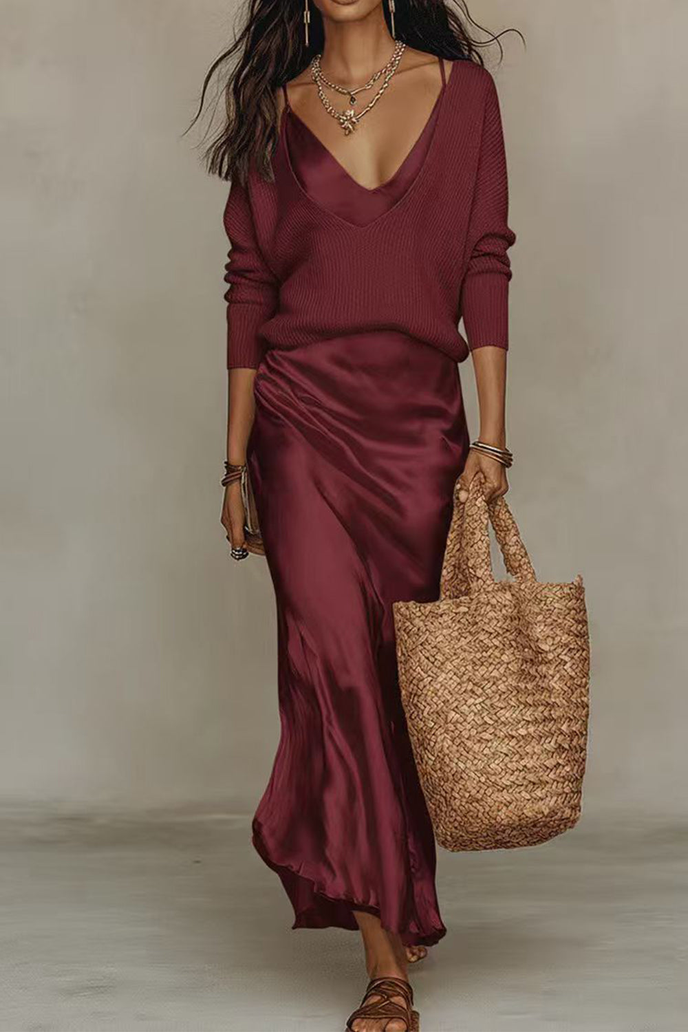 Jessa | V-Neck Sweater & Satin Maxi Dress Set