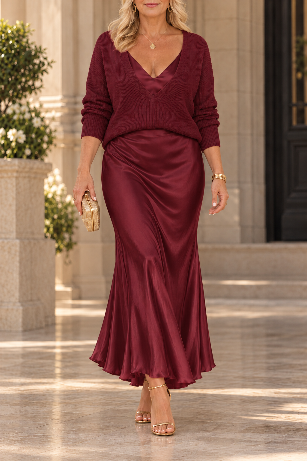 Jessa | V-Neck Sweater & Satin Maxi Dress Set