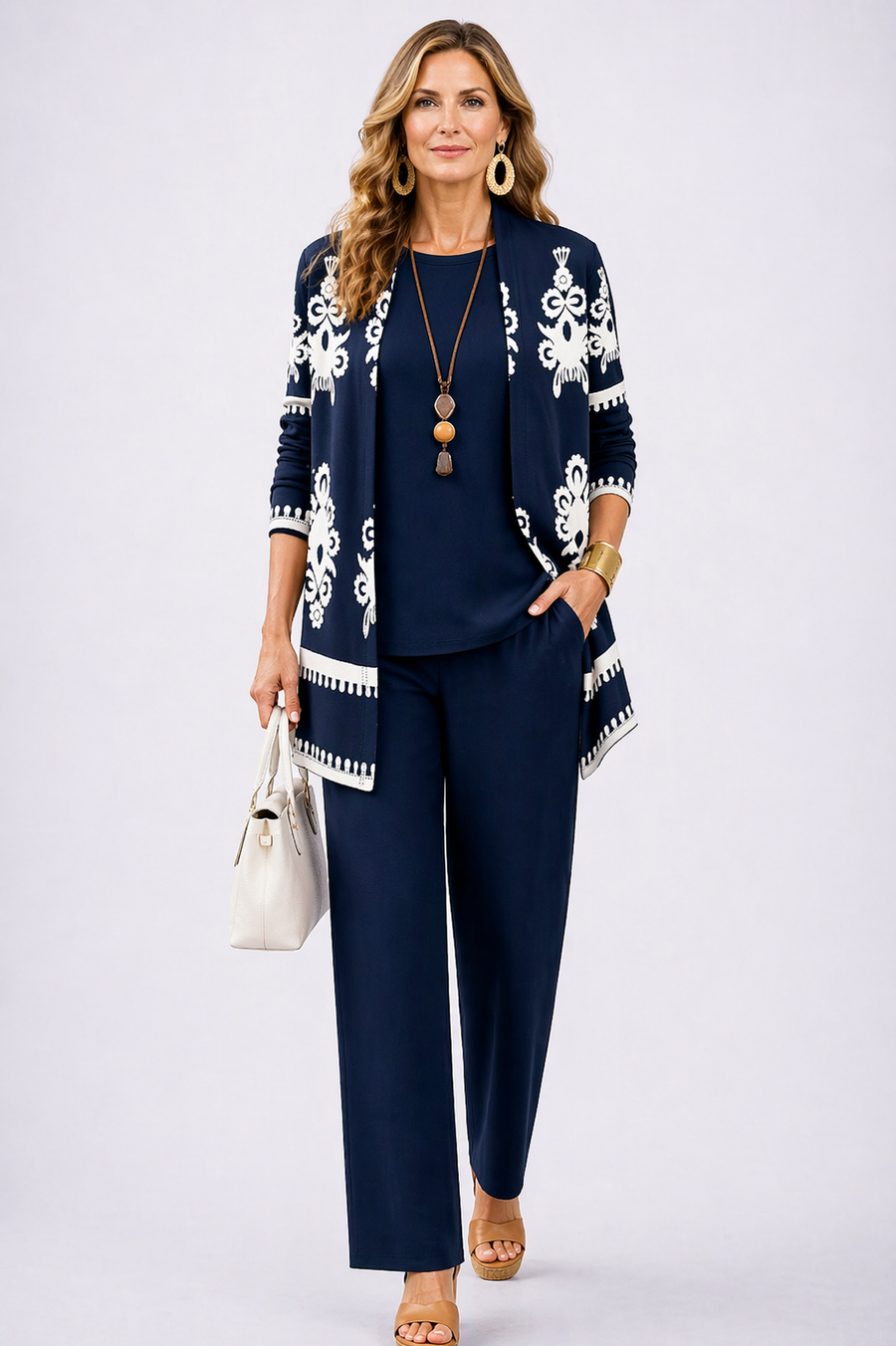 Grace | Patterned Cardigan Top and Wide-Leg Pants Three-Piece Set for Women
