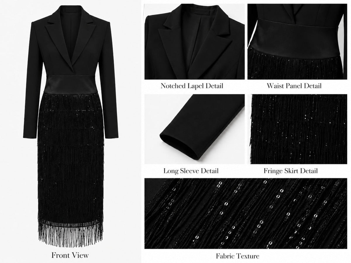 Edna | Black Blazer-Style Midi Dress with Sequin Fringe